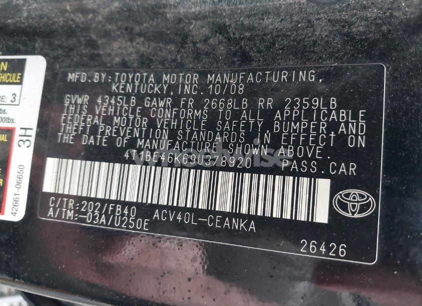 Photo 9 of 2009 Toyota Camry (VIN 4T1BE46K69U378920)