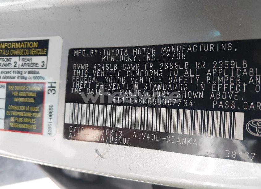 Photo 9 of 2009 Toyota Camry LE (VIN 4T1BE46K69U387794)