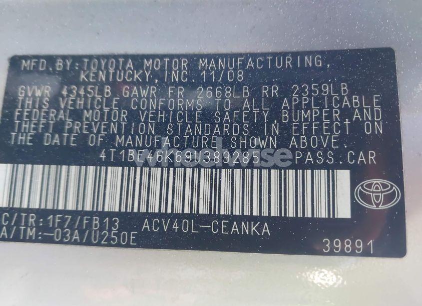 Photo 9 of 2009 Toyota Camry LE (VIN 4T1BE46K69U389285)