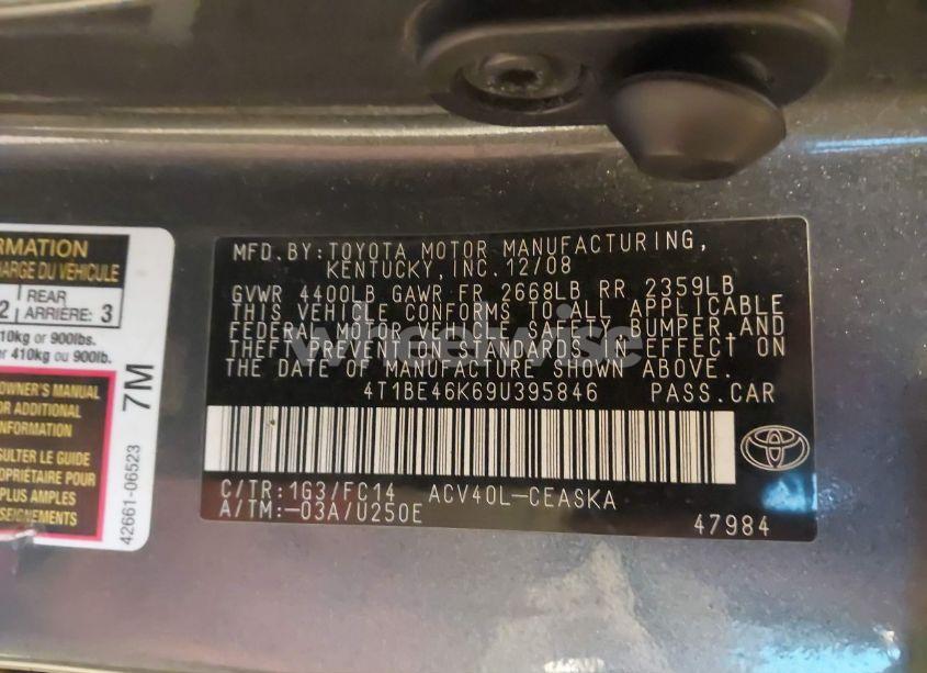 Photo 9 of 2009 Toyota Camry SE (VIN 4T1BE46K69U395846)