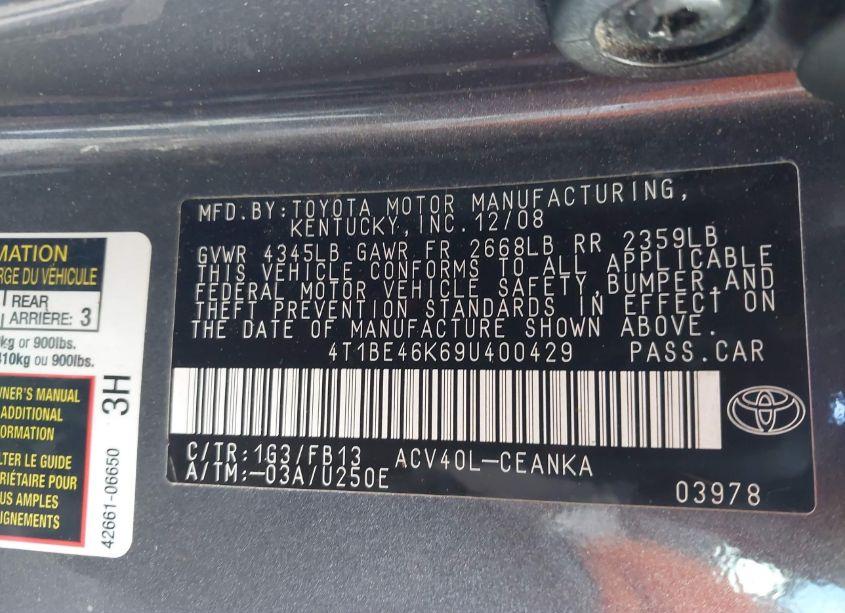 Photo 9 of 2009 Toyota Camry SE/LE/XLE (VIN 4T1BE46K69U400429)