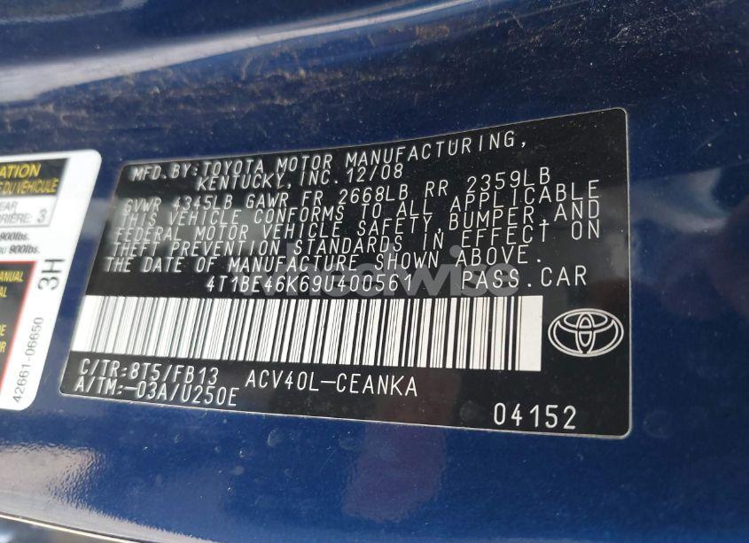 Photo 9 of 2009 Toyota Camry LE (VIN 4T1BE46K69U400561)