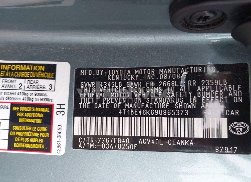 Photo 9 of 2009 Toyota Camry LE (VIN 4T1BE46K69U865373)