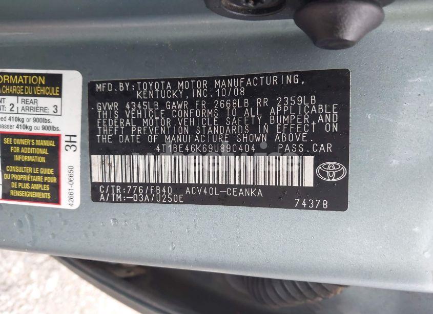 Photo 9 of 2009 Toyota Camry LE (VIN 4T1BE46K69U890404)