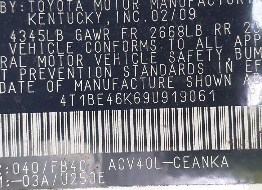 Photo 9 of 2009 Toyota Camry LE (VIN 4T1BE46K69U919061)