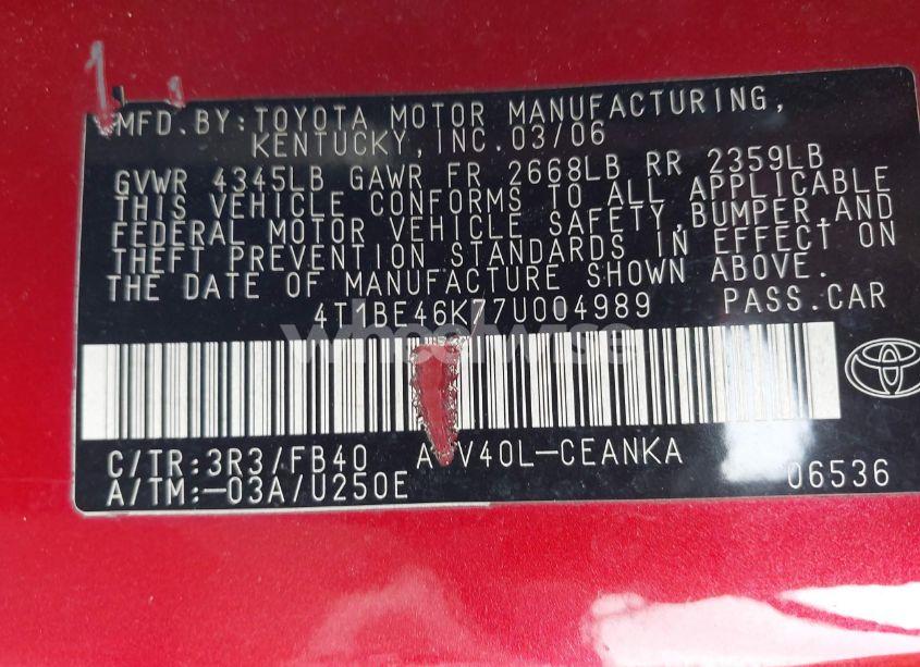 Photo 9 of 2007 Toyota Camry LE (VIN 4T1BE46K77U004989)