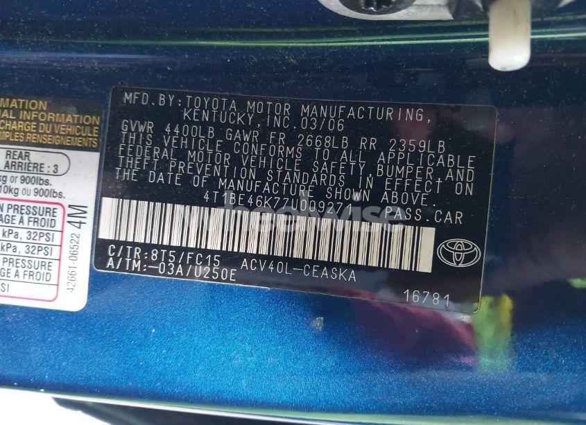 Photo 9 of 2007 Toyota Camry CE/LE/XLE/SE (VIN 4T1BE46K77U009271)