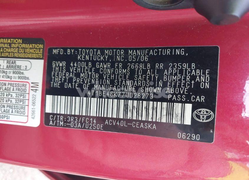 Photo 9 of 2007 Toyota Camry SE (VIN 4T1BE46K77U028273)