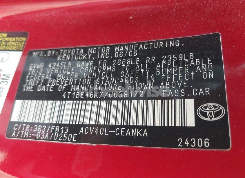 Photo 9 of 2007 Toyota Camry LE (VIN 4T1BE46K77U038172)