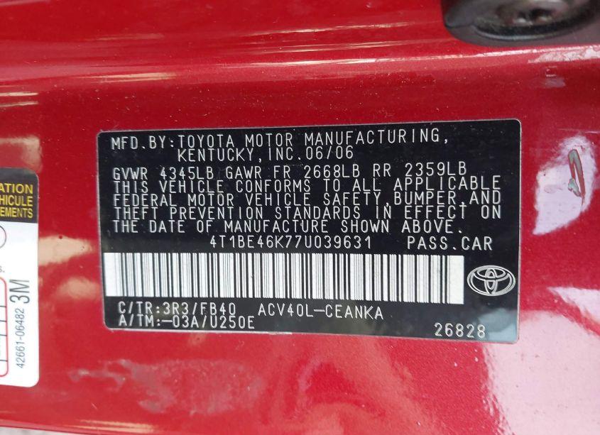 Photo 9 of 2007 Toyota Camry LE (VIN 4T1BE46K77U039631)