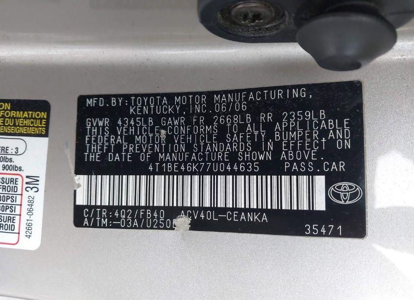 Photo 9 of 2007 Toyota Camry LE (VIN 4T1BE46K77U044635)
