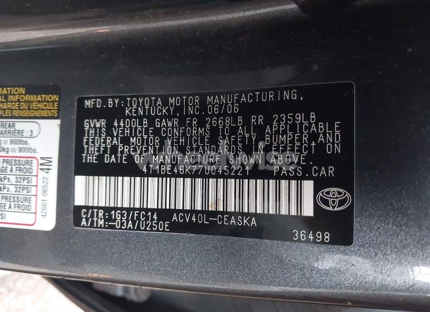 Photo 9 of 2007 Toyota Camry SE (VIN 4T1BE46K77U045221)