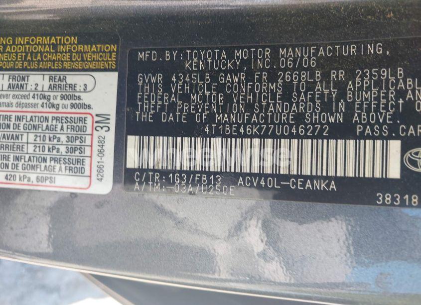 Photo 9 of 2007 Toyota Camry LE (VIN 4T1BE46K77U046272)