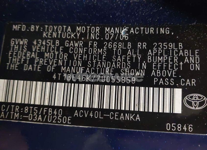 Photo 9 of 2007 Toyota Camry LE (VIN 4T1BE46K77U055859)