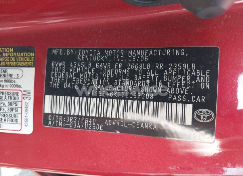 Photo 9 of 2007 Toyota Camry LE (VIN 4T1BE46K77U058308)