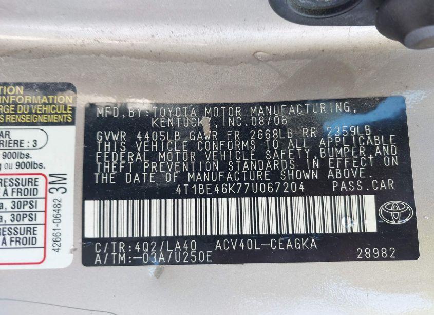 Photo 9 of 2007 Toyota Camry XLE (VIN 4T1BE46K77U067204)