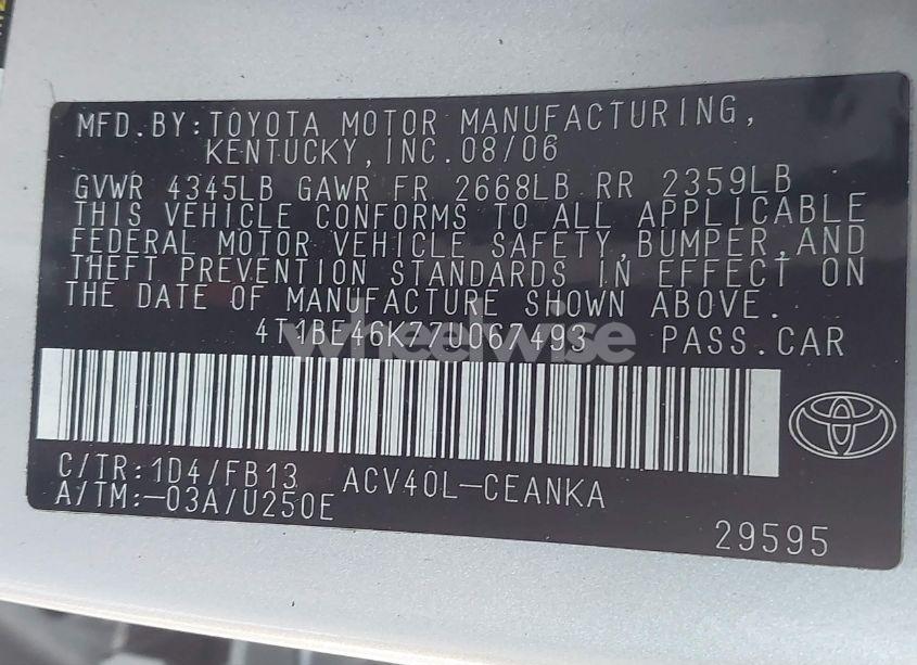 Photo 9 of 2007 Toyota Camry LE (VIN 4T1BE46K77U067493)