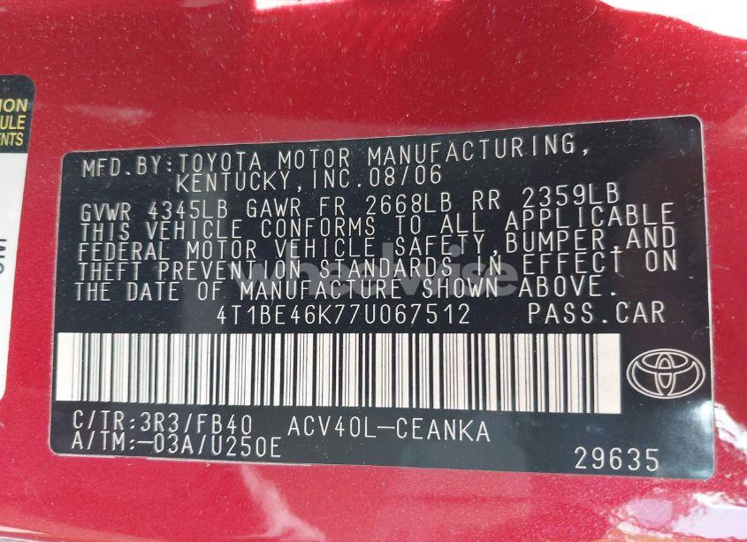 Photo 9 of 2007 Toyota Camry LE (VIN 4T1BE46K77U067512)