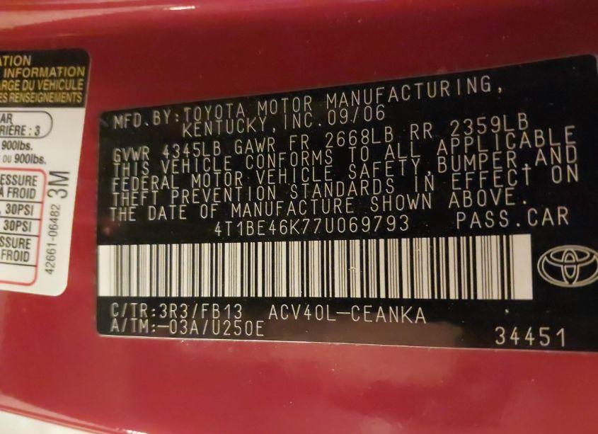 Photo 9 of 2007 Toyota Camry LE (VIN 4T1BE46K77U069793)