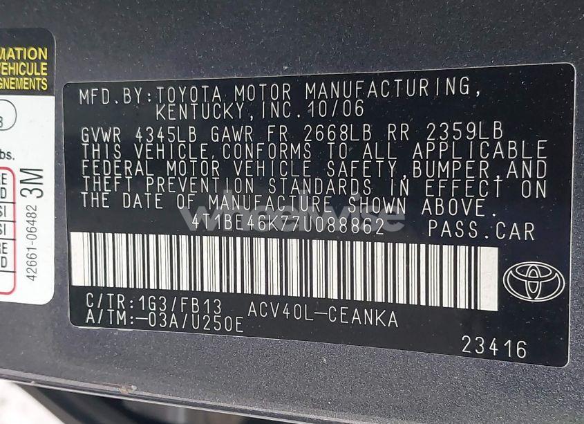 Photo 9 of 2007 Toyota Camry LE (VIN 4T1BE46K77U088862)