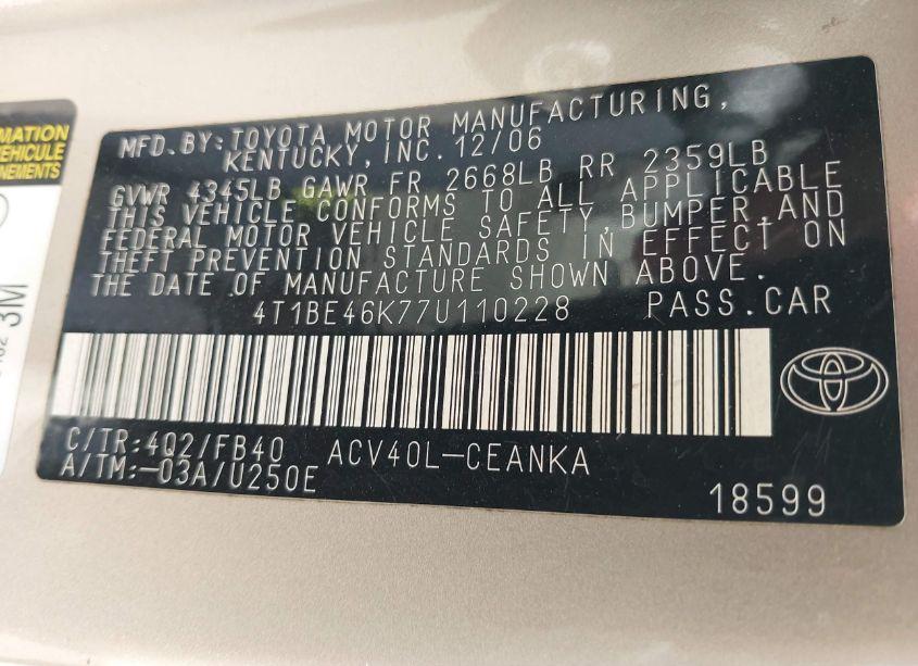 Photo 9 of 2007 Toyota Camry LE (VIN 4T1BE46K77U110228)