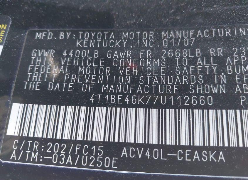 Photo 9 of 2007 Toyota Camry SE (VIN 4T1BE46K77U112660)