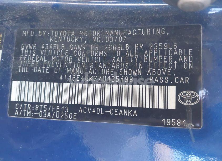 Photo 9 of 2007 Toyota Camry LE (VIN 4T1BE46K77U135498)