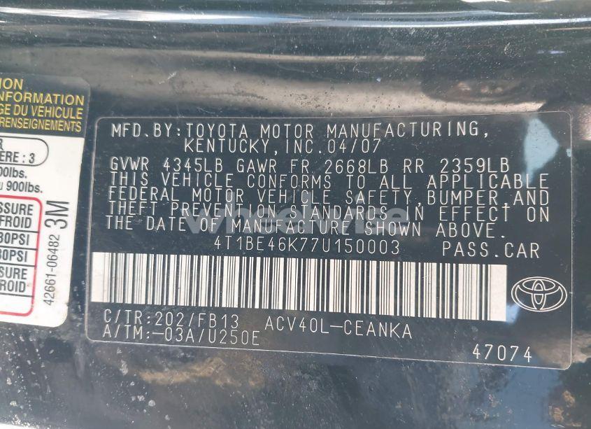 Photo 9 of 2007 Toyota Camry CE (VIN 4T1BE46K77U150003)