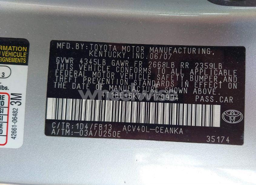 Photo 9 of 2007 Toyota Camry LE (VIN 4T1BE46K77U170994)