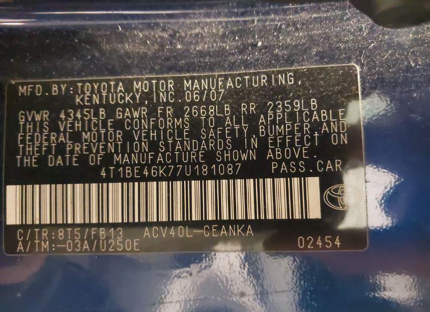 Photo 9 of 2007 Toyota Camry LE (VIN 4T1BE46K77U181087)