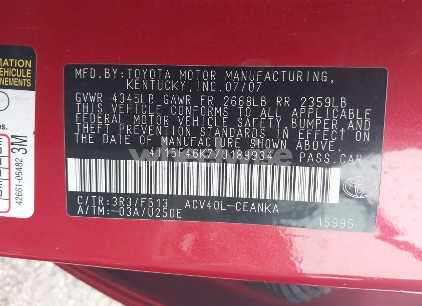 Photo 9 of 2007 Toyota Camry LE (VIN 4T1BE46K77U189934)