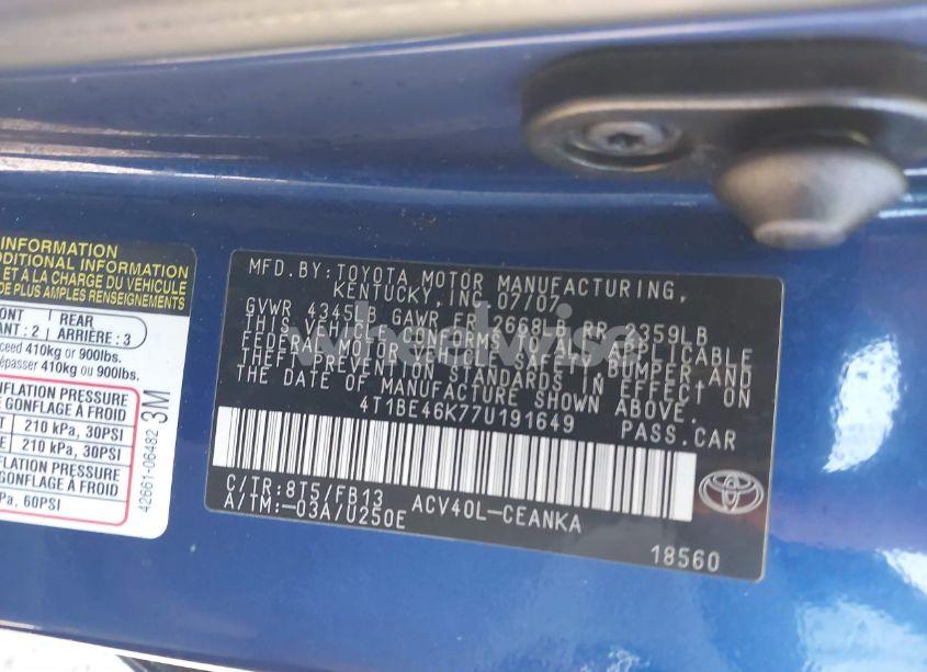 Photo 9 of 2007 Toyota Camry CE (VIN 4T1BE46K77U191649)