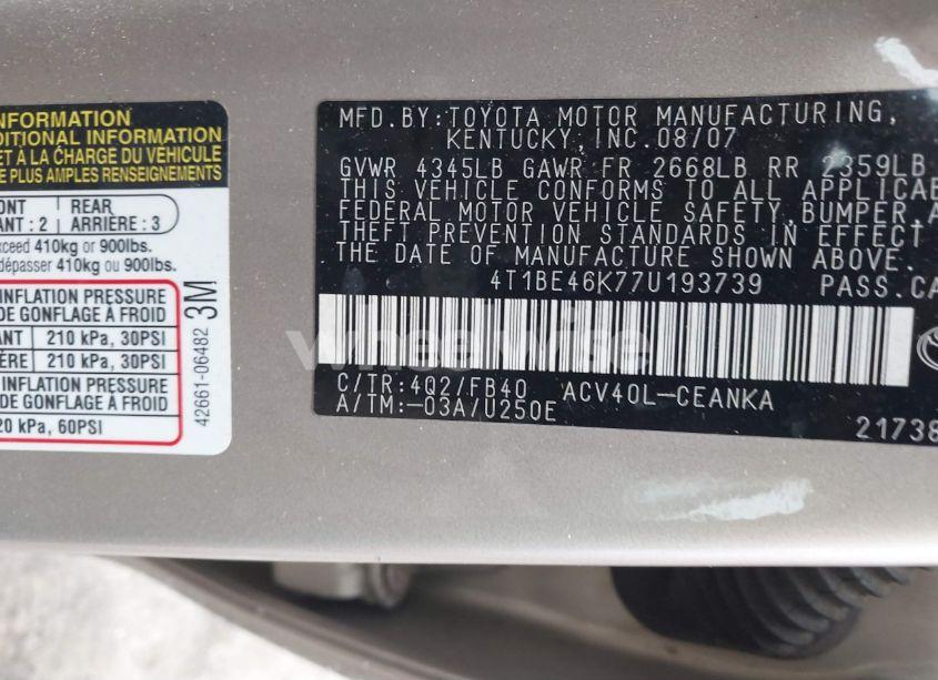Photo 9 of 2007 Toyota Camry LE (VIN 4T1BE46K77U193739)