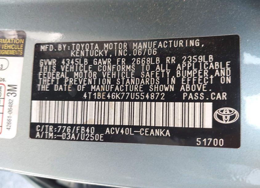 Photo 9 of 2007 Toyota Camry LE (VIN 4T1BE46K77U554872)