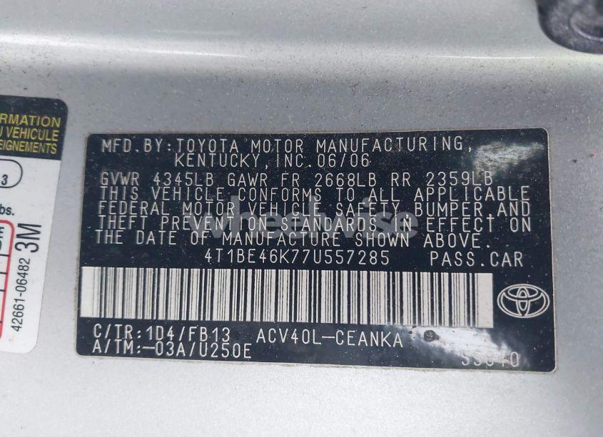 Photo 9 of 2007 Toyota Camry LE (VIN 4T1BE46K77U557285)