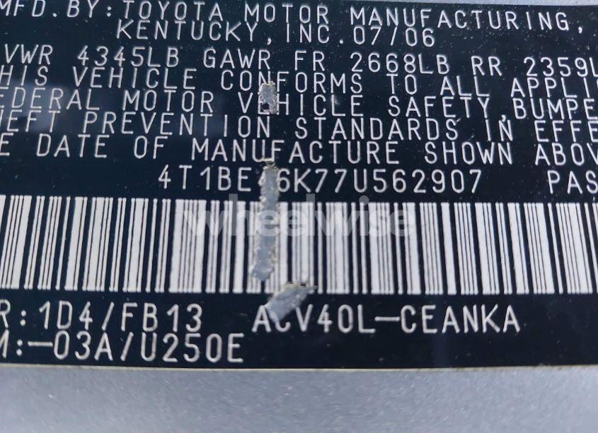 Photo 9 of 2007 Toyota Camry LE (VIN 4T1BE46K77U562907)