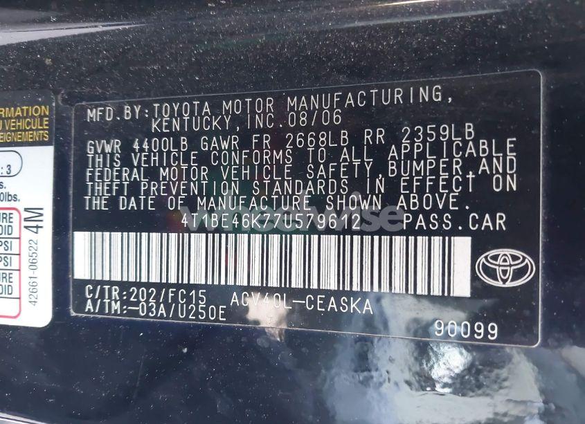 Photo 9 of 2007 Toyota Camry SE (VIN 4T1BE46K77U579612)