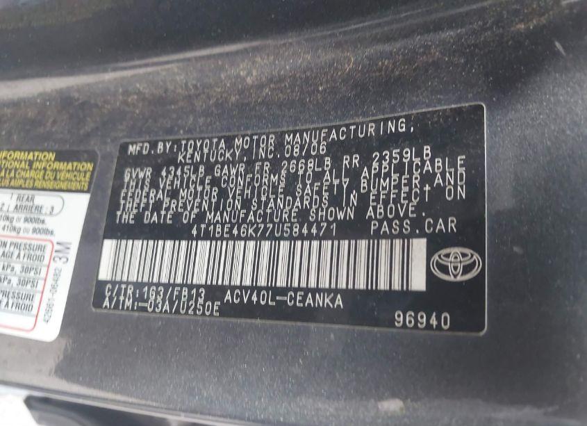Photo 9 of 2007 Toyota Camry LE (VIN 4T1BE46K77U584471)
