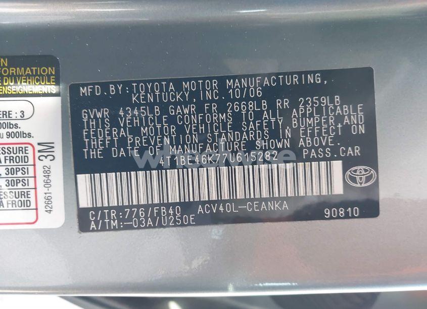 Photo 9 of 2007 Toyota Camry LE (VIN 4T1BE46K77U615282)