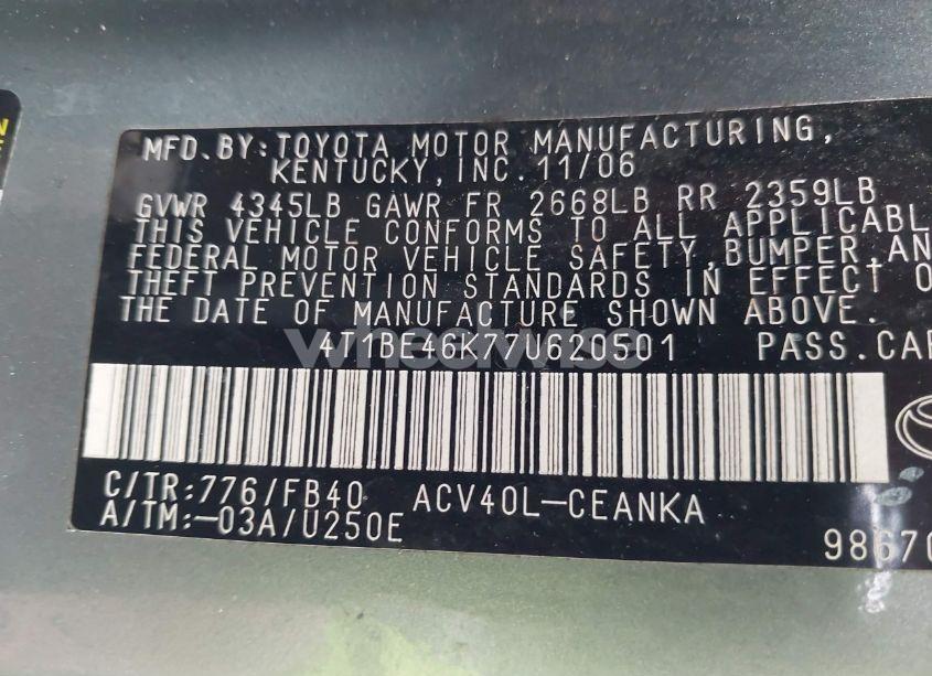 Photo 9 of 2007 Toyota Camry LE (VIN 4T1BE46K77U620501)