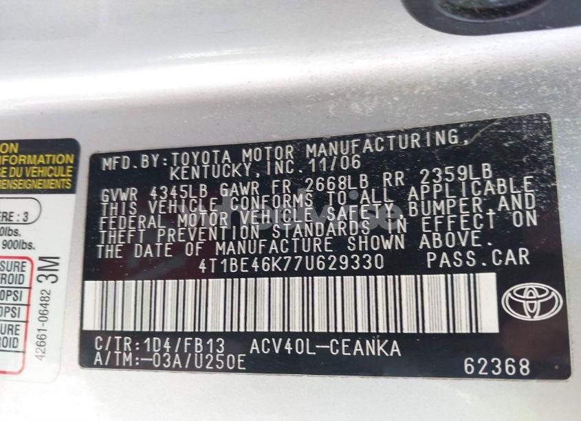 Photo 9 of 2007 Toyota Camry CE (VIN 4T1BE46K77U629330)