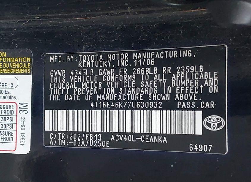 Photo 9 of 2007 Toyota Camry LE (VIN 4T1BE46K77U630932)