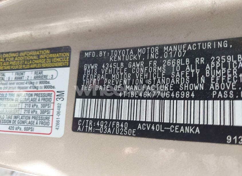 Photo 9 of 2007 Toyota Camry CE (VIN 4T1BE46K77U646984)