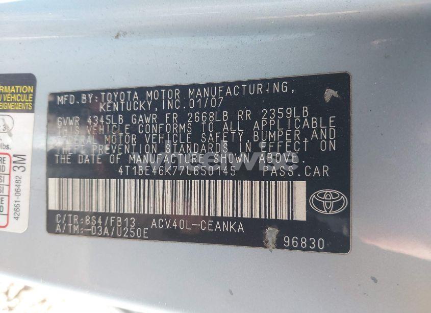 Photo 9 of 2007 Toyota Camry CE/LE/SE/XLE (VIN 4T1BE46K77U650145)