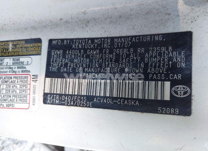 Photo 9 of 2007 Toyota Camry SE (VIN 4T1BE46K77U653157)