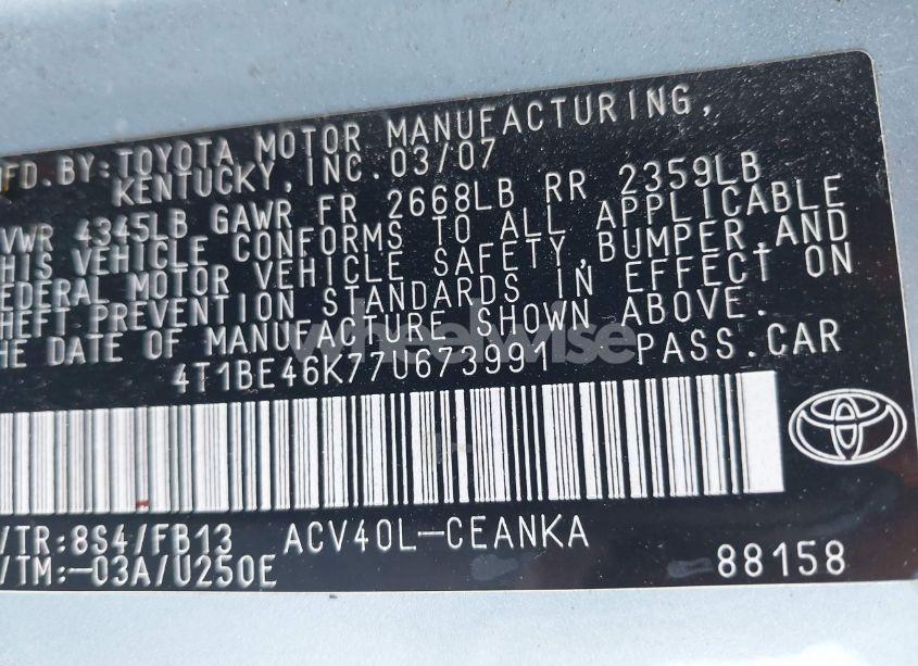 Photo 9 of 2007 Toyota Camry LE (VIN 4T1BE46K77U673991)