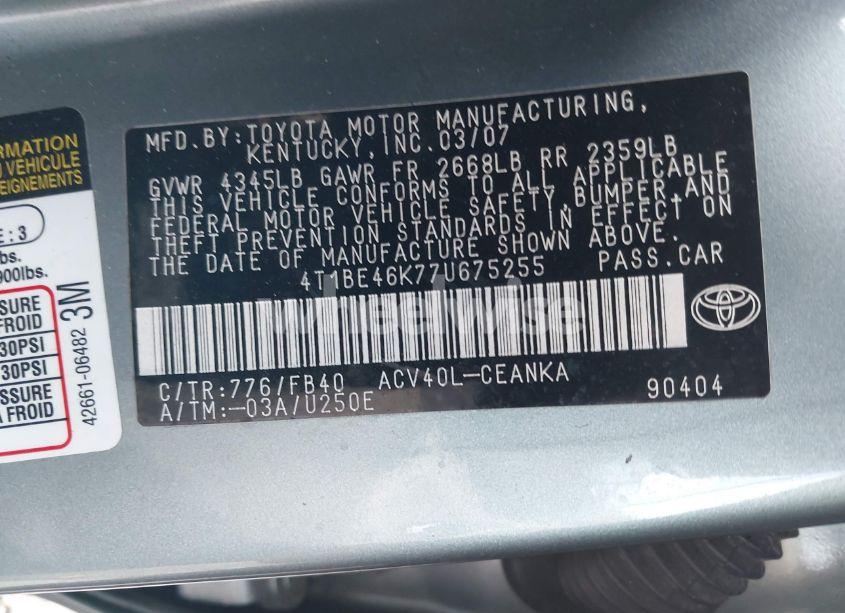 Photo 9 of 2007 Toyota Camry LE (VIN 4T1BE46K77U675255)