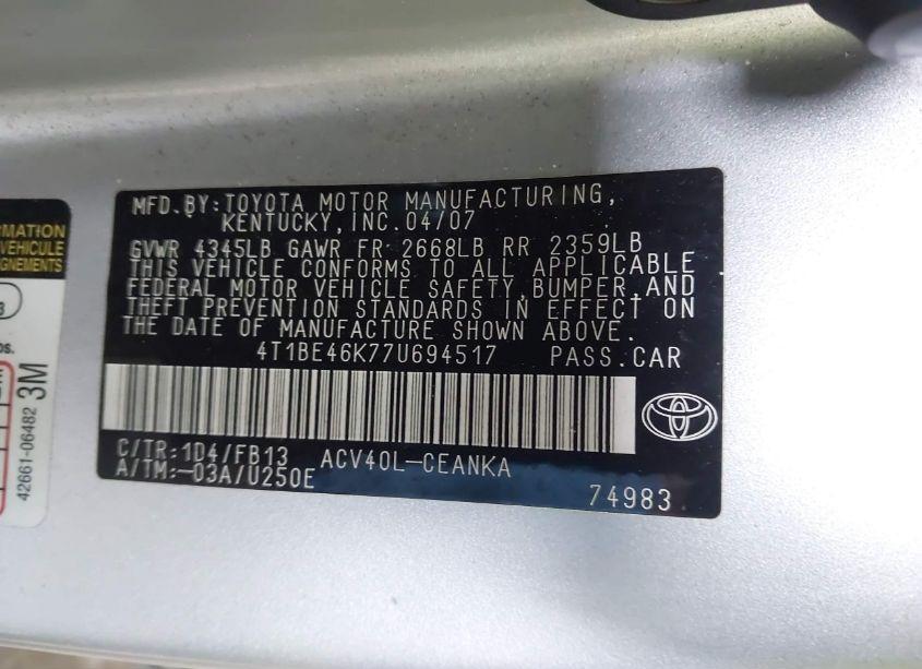 Photo 9 of 2007 Toyota Camry LE (VIN 4T1BE46K77U694517)