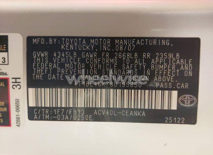 Photo 9 of 2008 Toyota Camry LE (VIN 4T1BE46K78U195850)