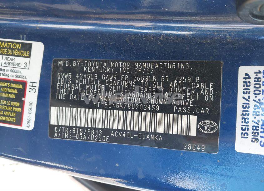 Photo 9 of 2008 Toyota Camry LE (VIN 4T1BE46K78U203459)